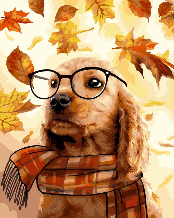 рудий собака в окулярах та шарфі на тлі падаючого осіннього листя