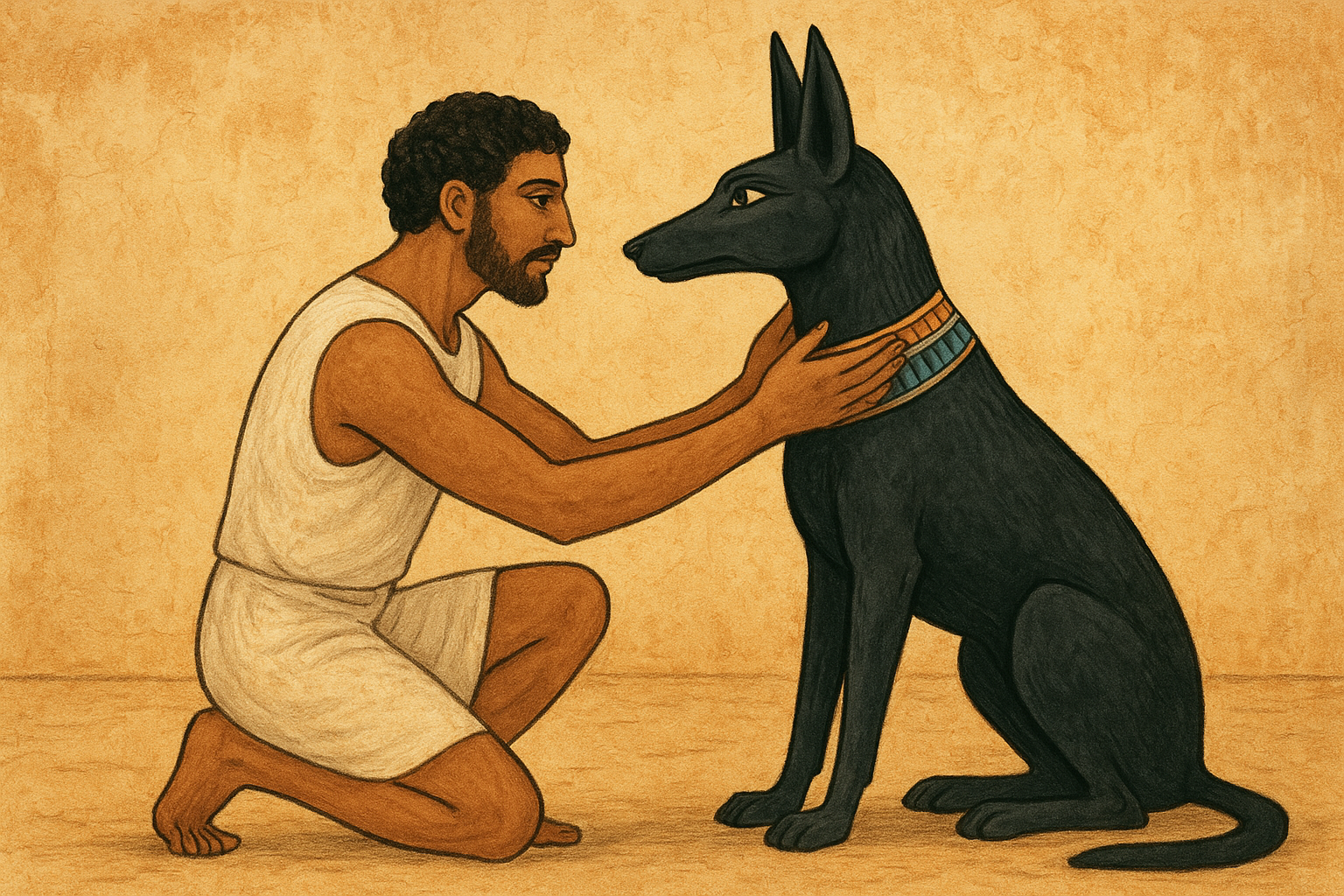 продавній єгиптянин в білому одязі тримає чогного собаку в нашийнику двома руками за шию та дивиться йому в очі