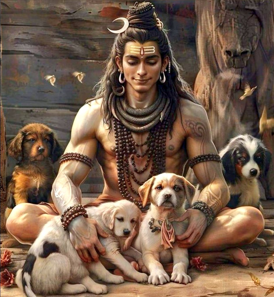 герой індійського епосу Юдхіштхіра сидить на підлозі та гладить маленьких різноманітних цуценят