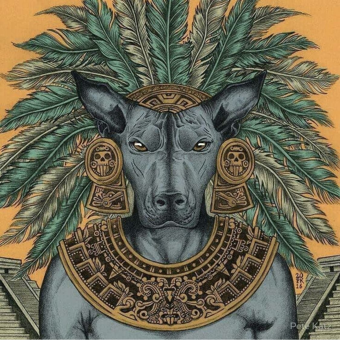 чорний собака в єгипетських прикрасах та у вінку із зелених гілок у вигляді стародавнього єгипетсьгого бога