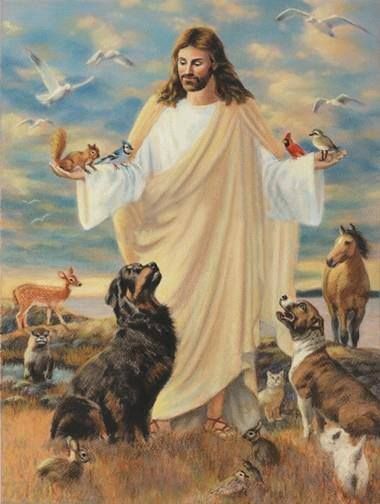 Ісус Христос в оточенні собак, птахів та інших звірят посеред поля на тлі неба