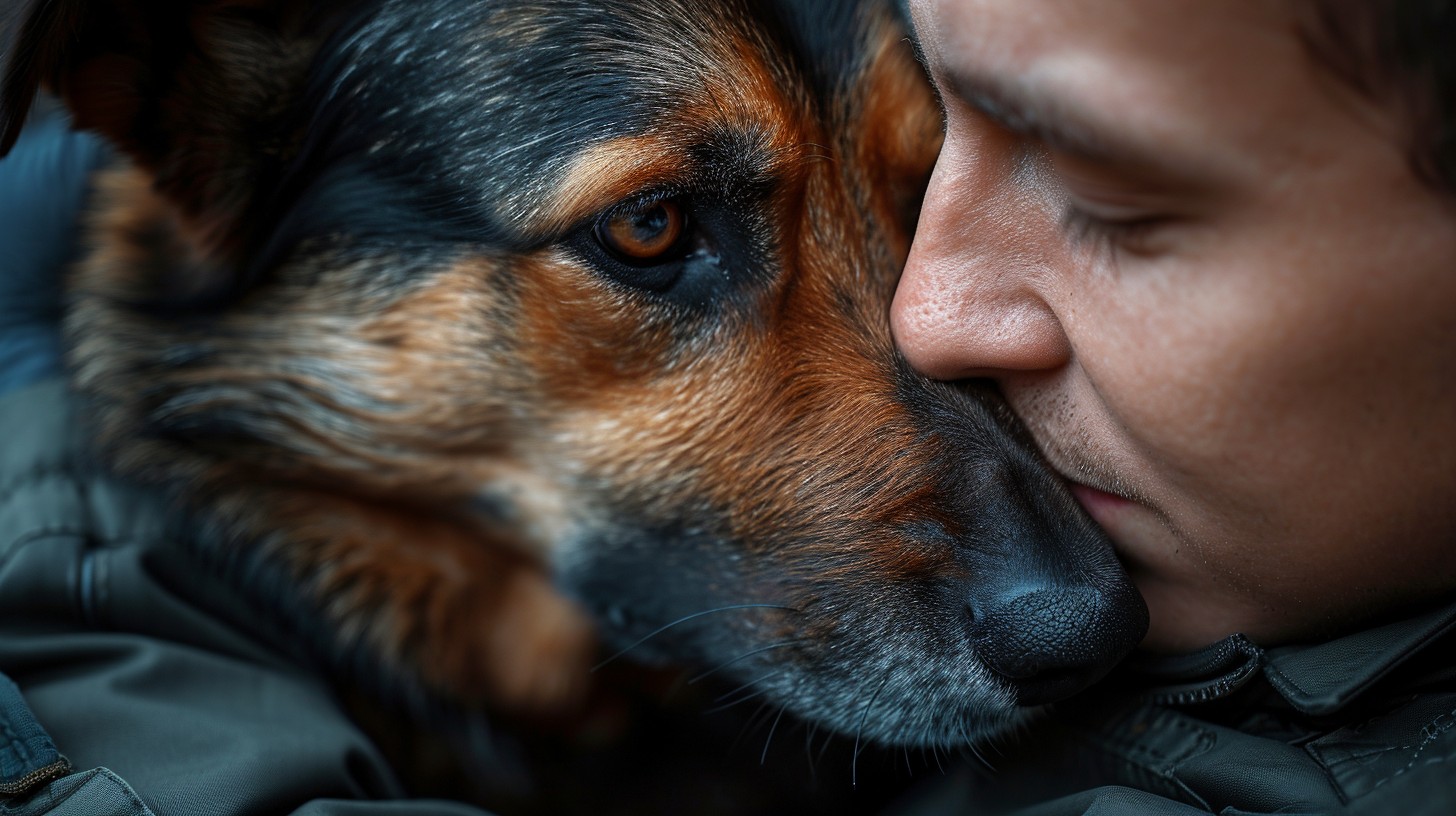 обличчя чоловіка, який обіймає та цілує свого великого собаку темного кольору в ніс