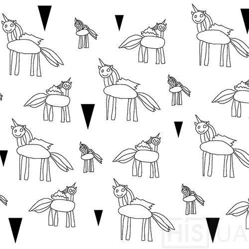 На білому фоні кілька єдинорогів, намальованих дитиною