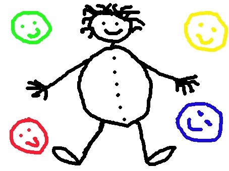 На білому фоні намальовані дитиною чоловічок та чотири різнокольорових обличчя