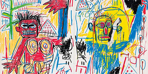 Різнокольоровий дитячий малюнок з чоловічками, геометричними фігурами та кольоровими плямами